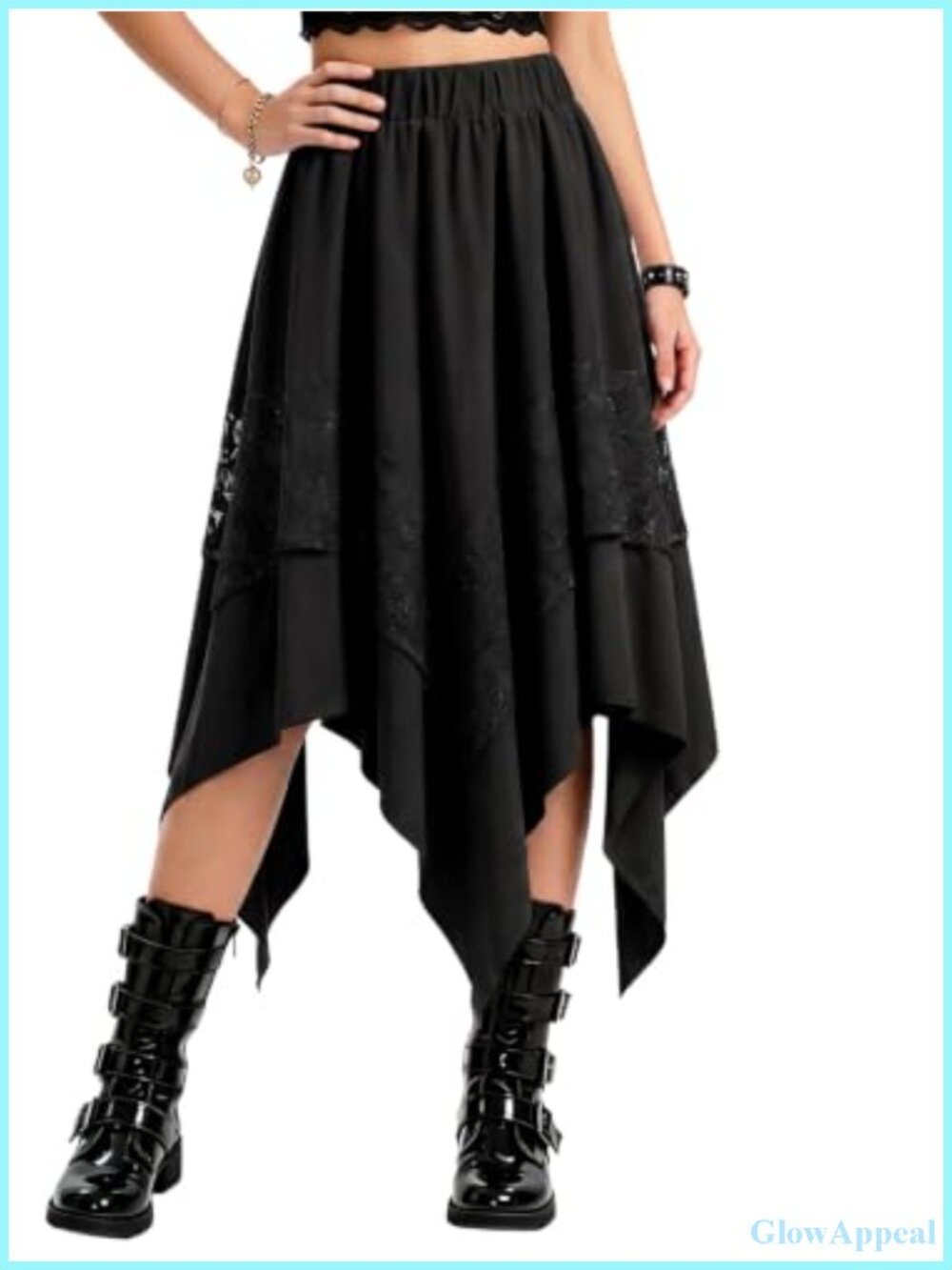 Women Renaissance Flowy Lace Midi Elastic Gothic Pirate A-Line Skirt